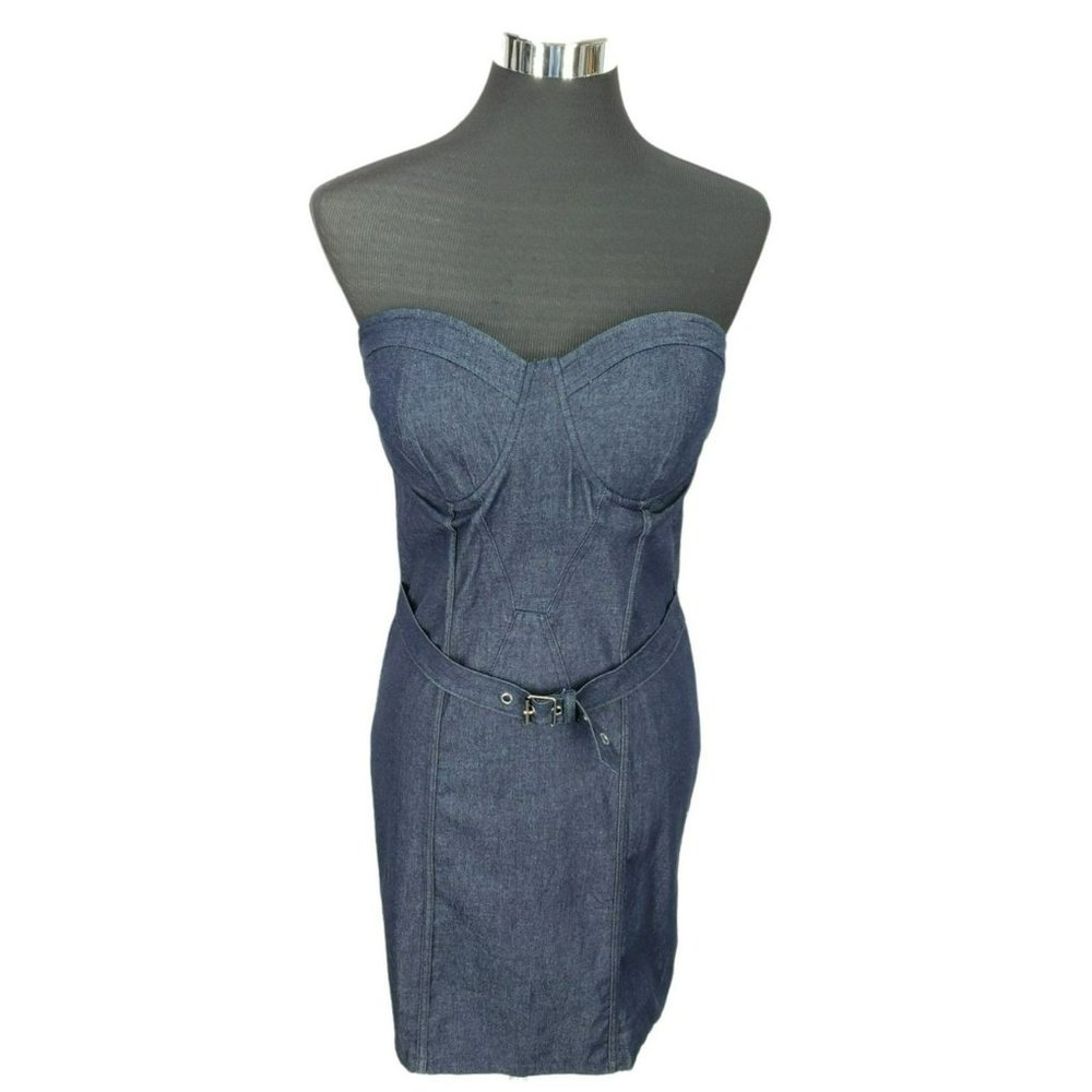 Say What Women's Denim Dress Knee Length Blue Summer Strapless Dress‎ Medium